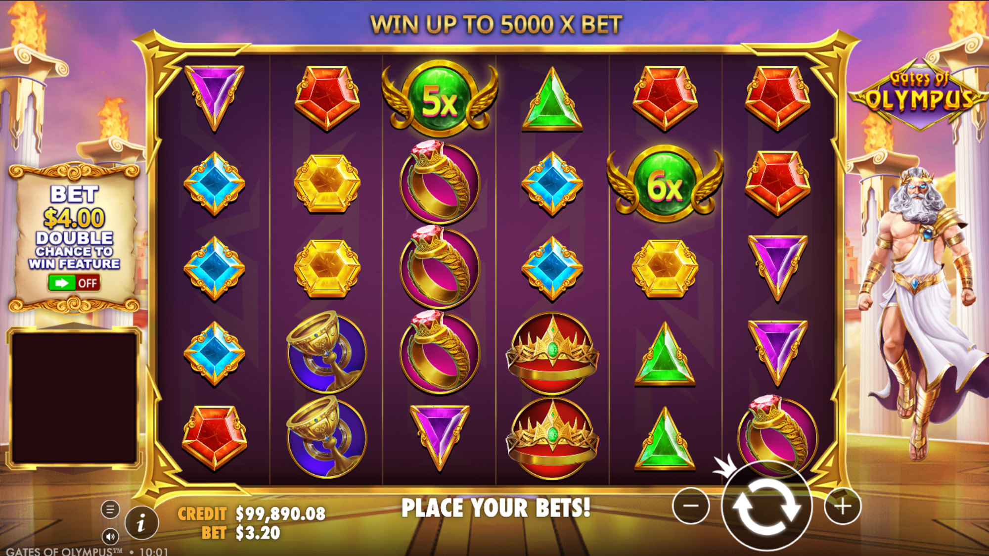 Captura de pantalla del juego Gates of Olympus con orbes multiplicadores 5x y 6x en la cuadrícula 6x5 con apuesta de $3.200 CLP