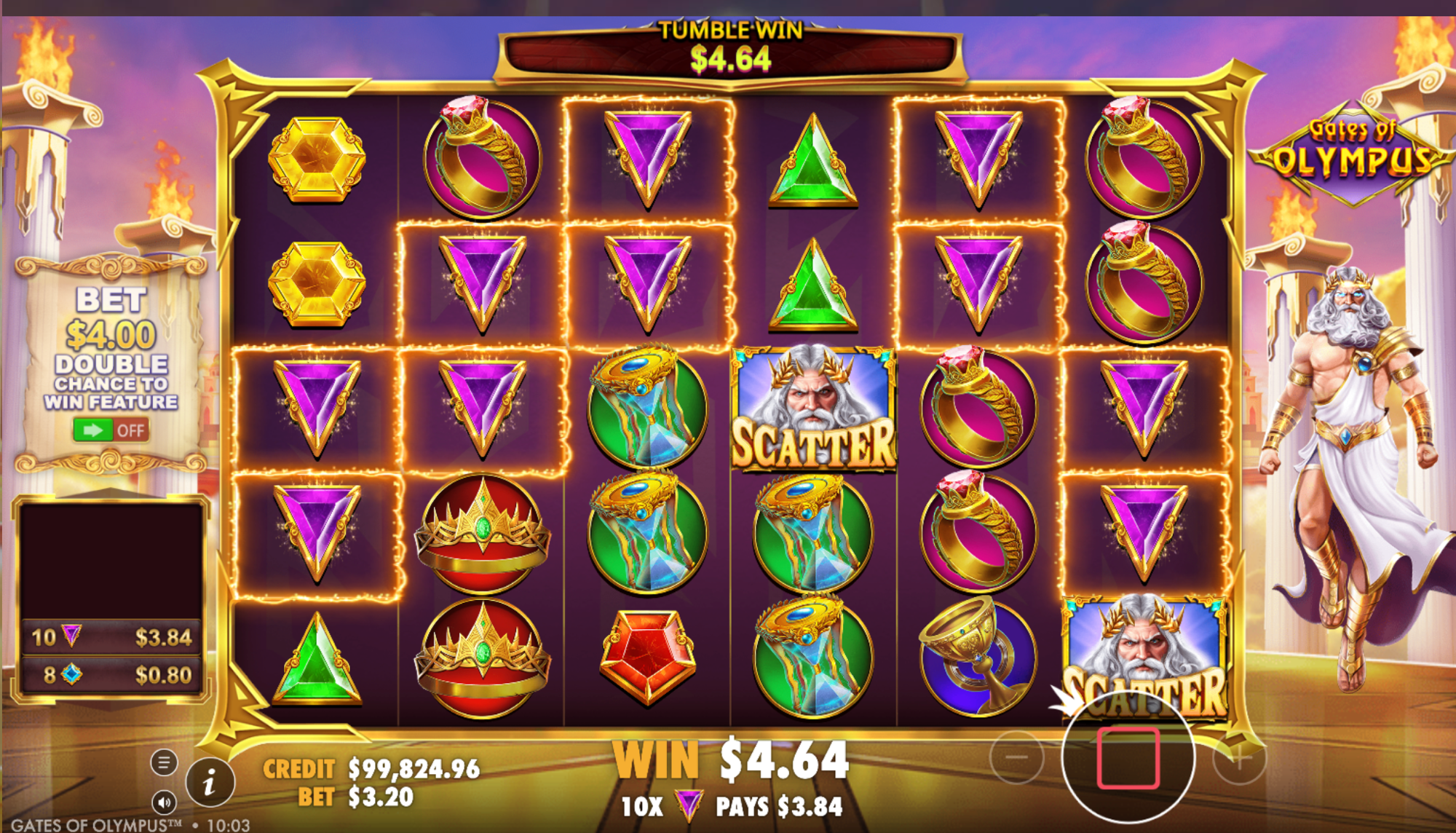 Captura de pantalla del juego Gates of Olympus mostrando GANANCIA $3.200 CLP con símbolos Scatter de Zeus en la cuadrícula